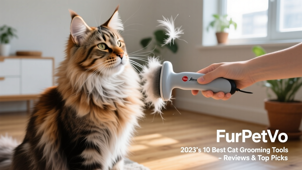 A Maine Coon cat receiving a gentle deshedding session with the FurPetVo tool, showing visible loose fur being lifted from its thick coat