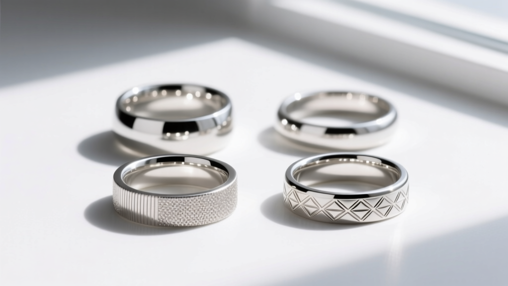 Close-up of four platinum rings showing textures: mirror polish, brushed matte, sandblasted, and Florentine.