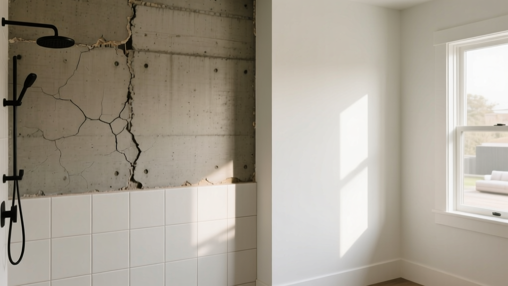 Split view of tiled shower wall with concrete backer board beside a painted living room wall finished with standard white drywall