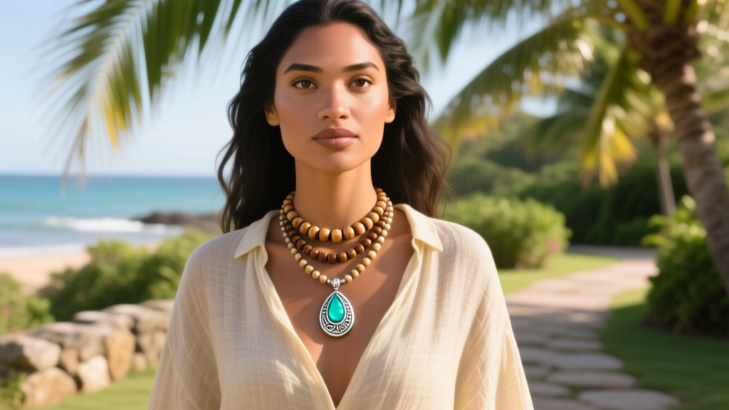 Woman wearing a layered Moana 2 inspired necklace set with a puka choker and silver teardrop pendant over a light linen shirt outdoors