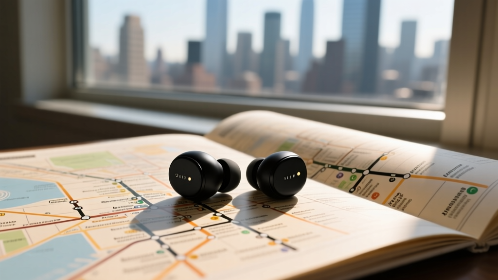 Sleek matte-black true wireless earbud resting on a subway map, symbolizing modern commuter tech and the evolving definition of a gadget.