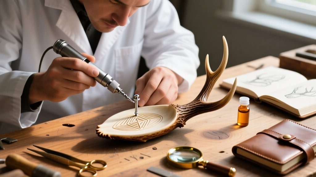 Jeweler using a micro-drill to insert an 18-gauge titanium post into a sealed carved shed antler piece on a wooden workbench.