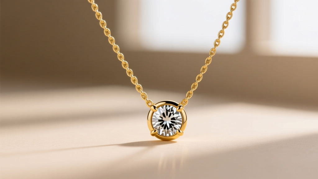 Close-up of a delicate 14k yellow gold Ariana necklace with a 1.0mm cable chain and a bezel-set round diamond drop pendant
