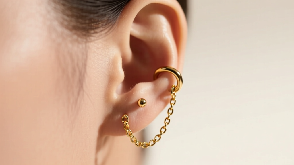 Close-up of a gold earrings chain connecting a lobe stud to a helix ear cuff, resting on smooth skin under warm studio lighting
