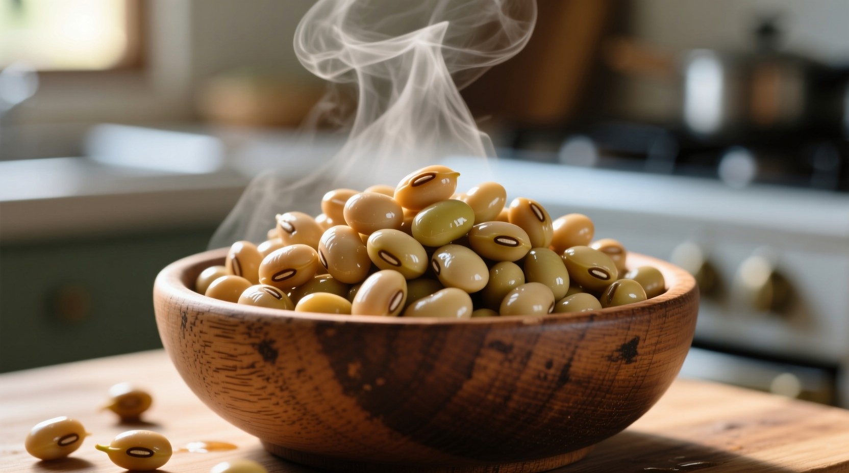 Freshly cooked soybeans in a wooden bowl