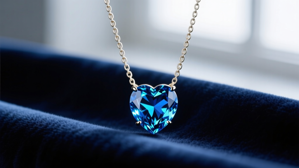 Close-up of a sparkling London blue topaz heart pendant on a delicate white gold box chain, resting on dark blue velvet fabric.