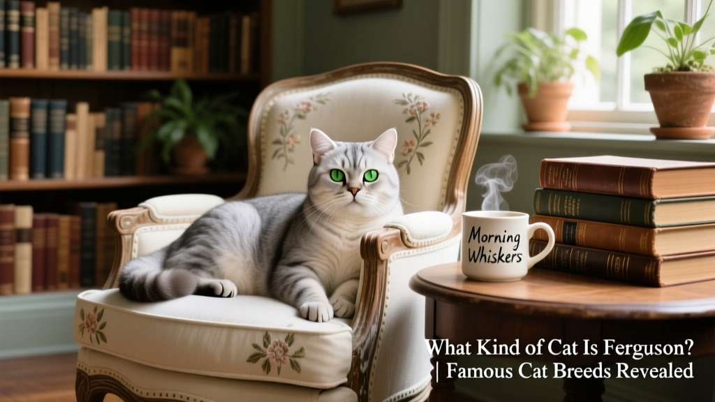Ferguson lounging on a vintage armchair beside a stack of books and a mug, embodying relaxed, cozy domestic life