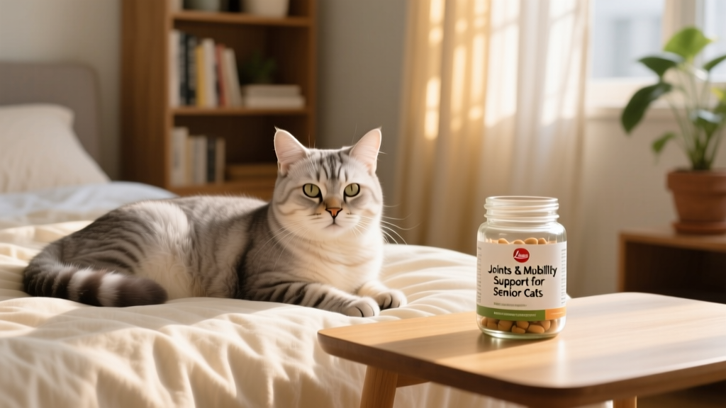 Senior cat comfortably resting on a soft bed beside a labeled jar of feline joint supplement