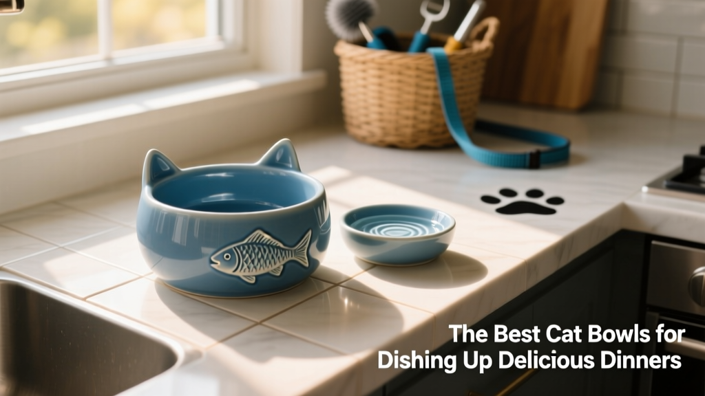 A blue ceramic cat bowl with a subtle fish motif, placed beside a small water dish on a kitchen counter
