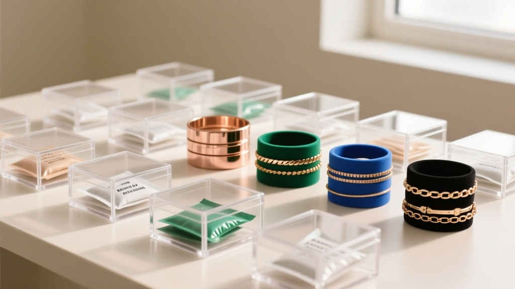 Clear plastic jewelry boxes containing anti-tarnish strips and silica gel packets arranged neatly beside stacked fashion bracelets