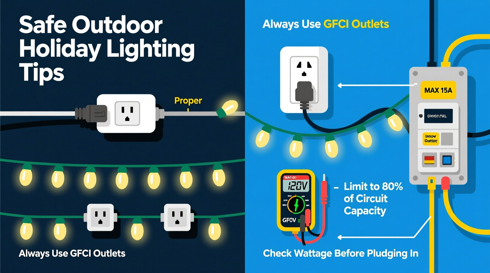 how to safely string outdoor christmas lights without tripping breakers
