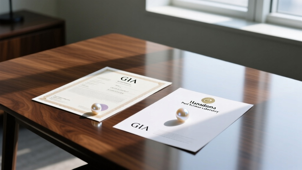 GIA pearl grading report resting next to a Hanadama certificate from the Pearl Science Laboratory on a polished wooden desk.