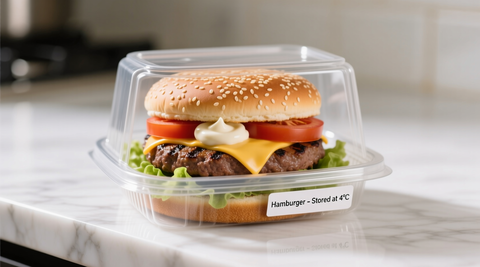 Properly stored cooked hamburger in airtight container