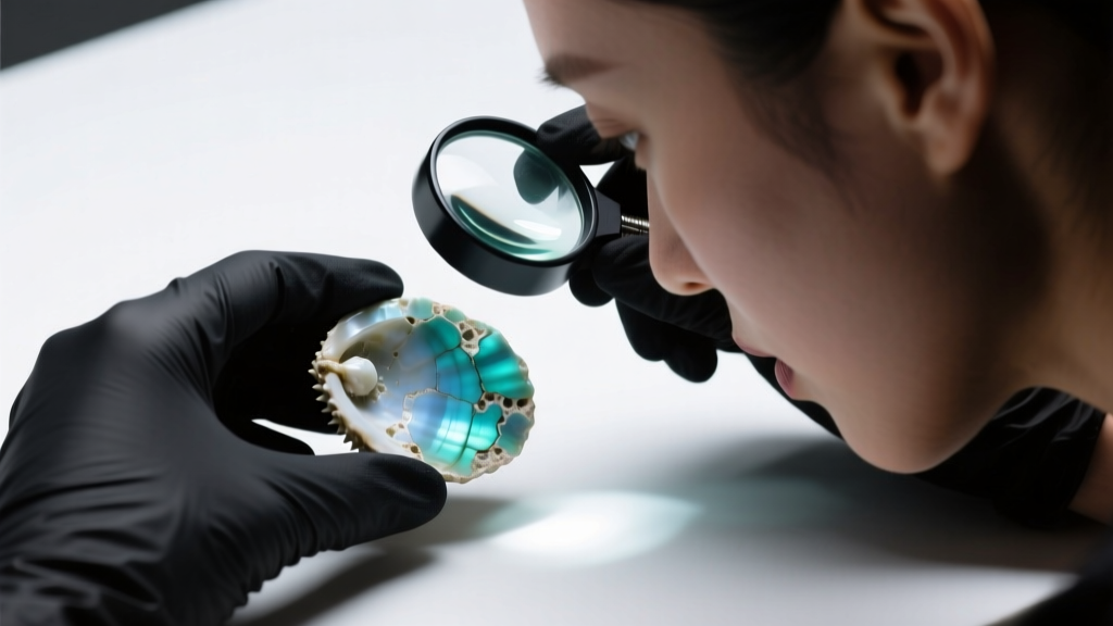 Jeweler examining the chalky matrix of a suspected dyed howlite fake spiny oyster stone through a loupe under bright LED lighting