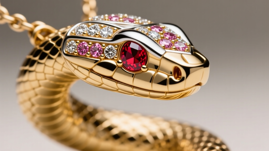 Macro photography of a serpent necklace head featuring pavé-set rose-cut diamonds and cabochon ruby eyes in silver-topped gold