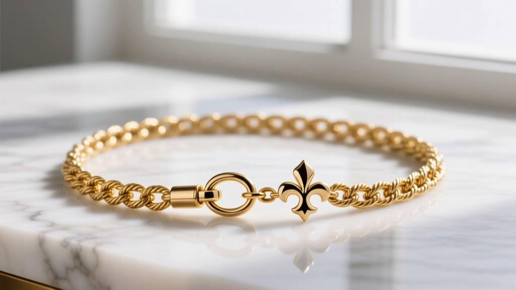 Macro view of a 14k gold rope chain and lobster clasp attached to a fleur de lis connector jump ring resting on white marble.
