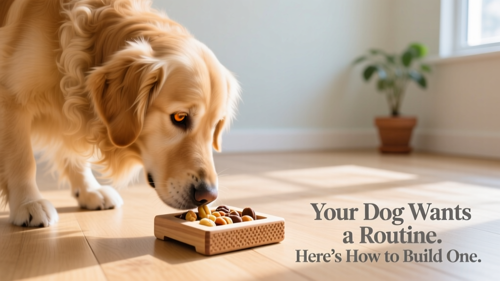 A dog intently sniffing a puzzle toy filled with treats on a clean hardwood floor