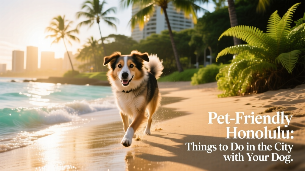 A mixed-breed dog trotting playfully along a quiet, sun-dappled shoreline with gentle surf and lush greenery nearby