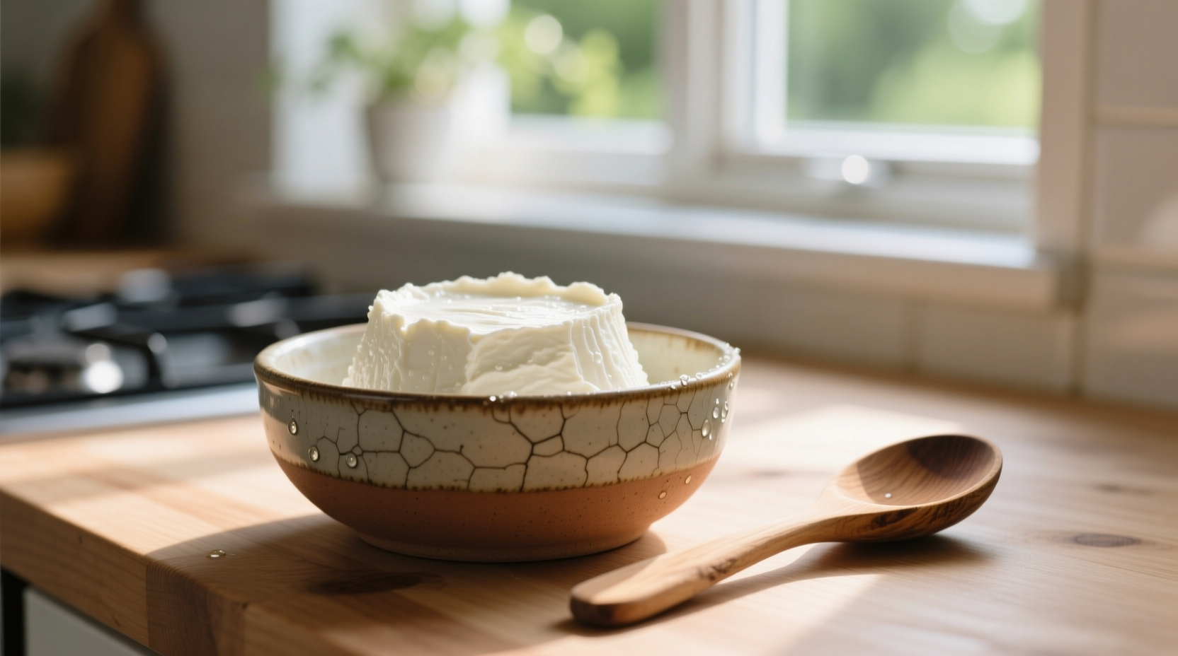 Fresh ricotta cheese in a ceramic bowl with wooden spoon