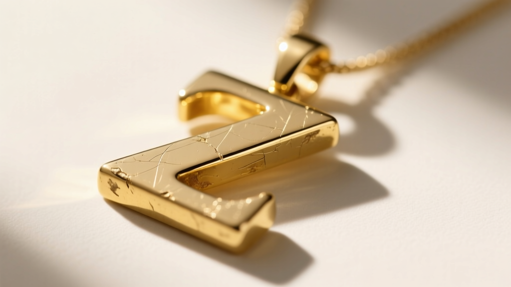 Gold-plated brass Z pendant showing worn plating on edges, revealing dull yellow brass base metal underneath in bright daylight