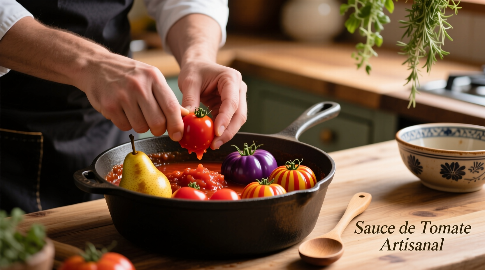 Chef preparing tomato sauce with alternative tomato varieties