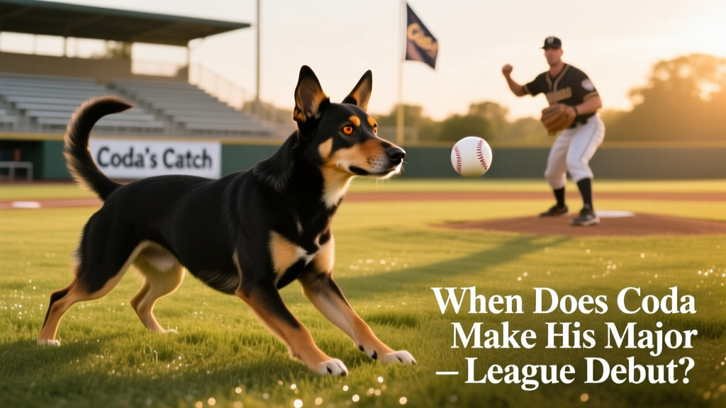 Coda crouched low in a ready athletic stance on a grassy baseball field, focused intently on his human