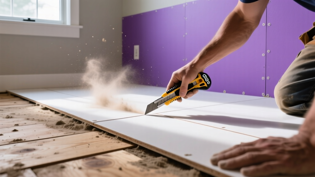 Contractor scoring a USG Sheetrock UltraLight panel next to purple moisture-resistant drywall on a dusty residential subfloor.