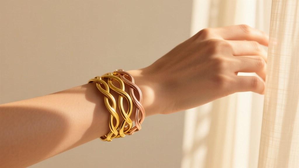 Close-up of a woman&rsquo;s wrist with warm undertones wearing a stacked 18k yellow gold and rose gold bracelet set in natural sunlight