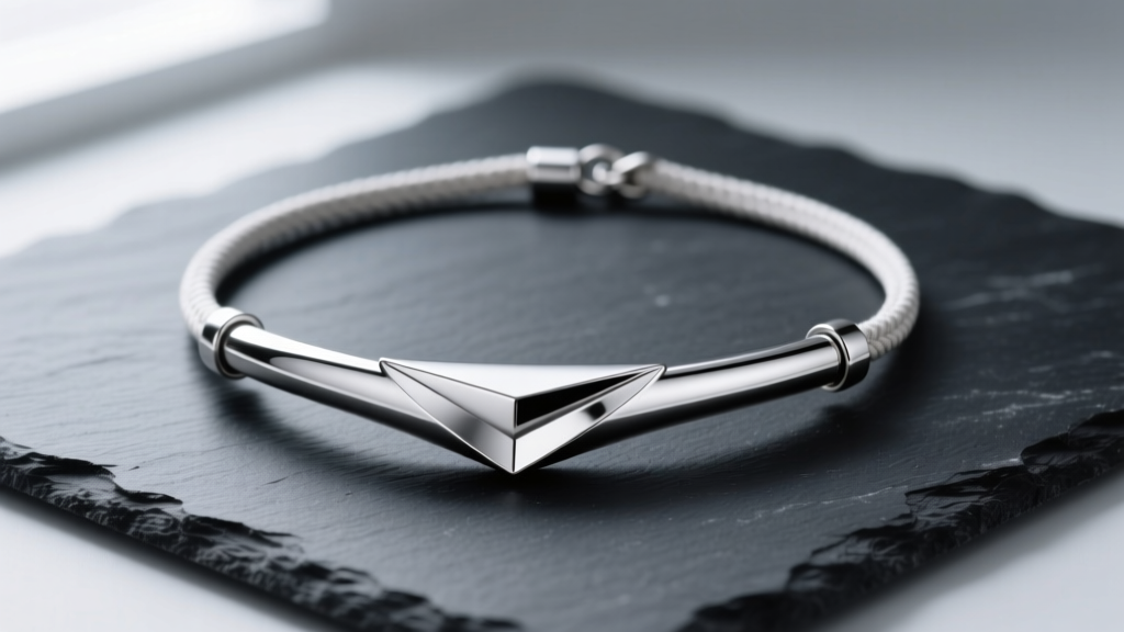 Silver Revya resistance breathing necklace on dark slate, highlighting the 316L stainless steel tube and adjustable cotton cord.