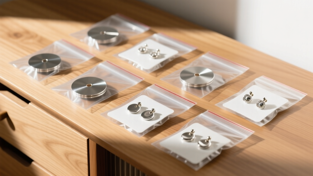 Sealed polyethylene bags holding silver disk earrings and anti-tarnish strips, arranged on a light oak wooden dresser surface