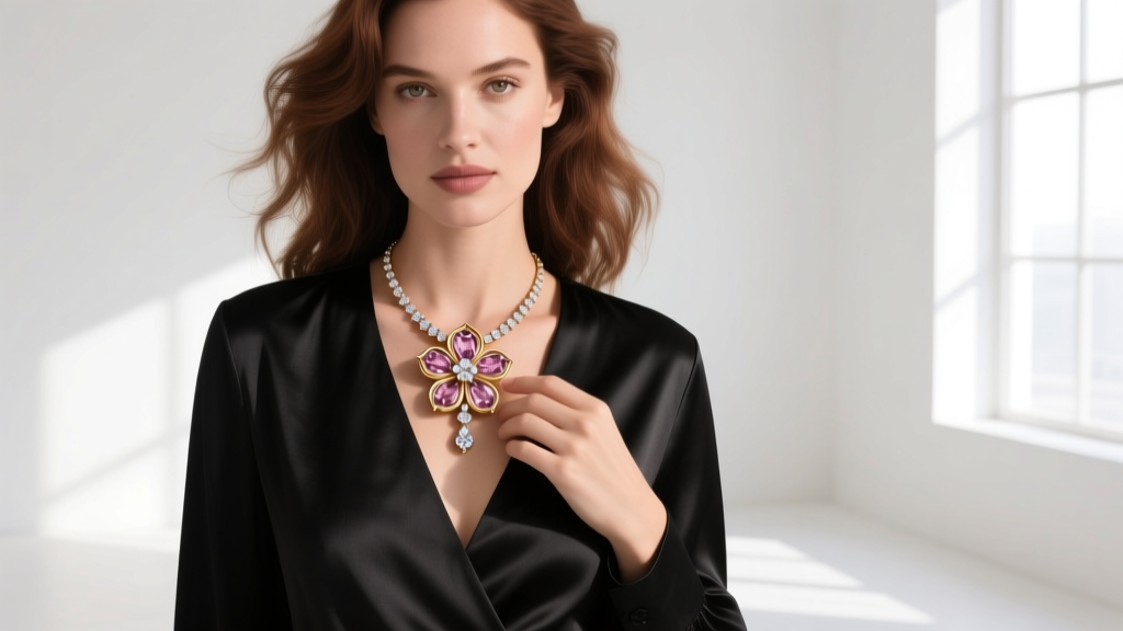 A woman wearing a layered Roberto Coin Princess Flower pendant over a black V-neck silk blouse, showcasing modern luxury styling.