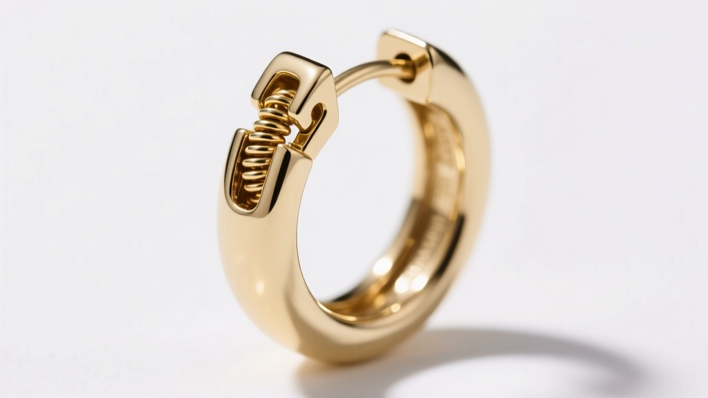 Macro photo of a hinged snap closure on a seamless white gold hoop earring, showing the interlocking clasp mechanism clearly.