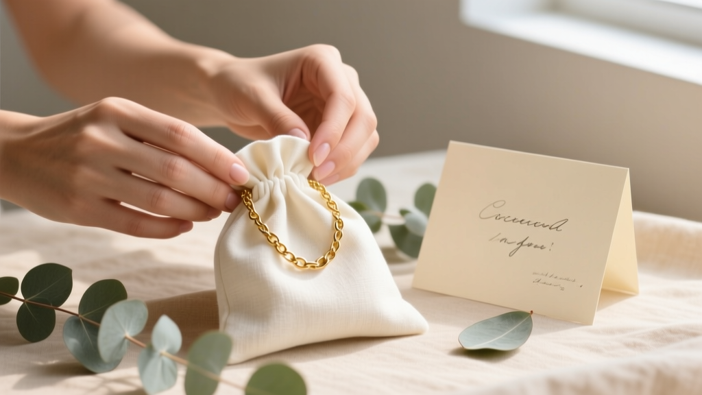 Hands wrapping a linen pouch containing a gold vermeil chain necklace next to a handwritten greeting card and eucalyptus leaves