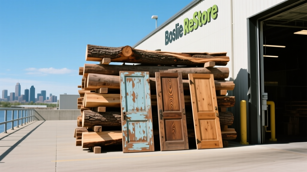 Stack of reclaimed old-growth timber and salvaged vintage doors staged outside a Boise ReStore loading dock under clear Idaho skies