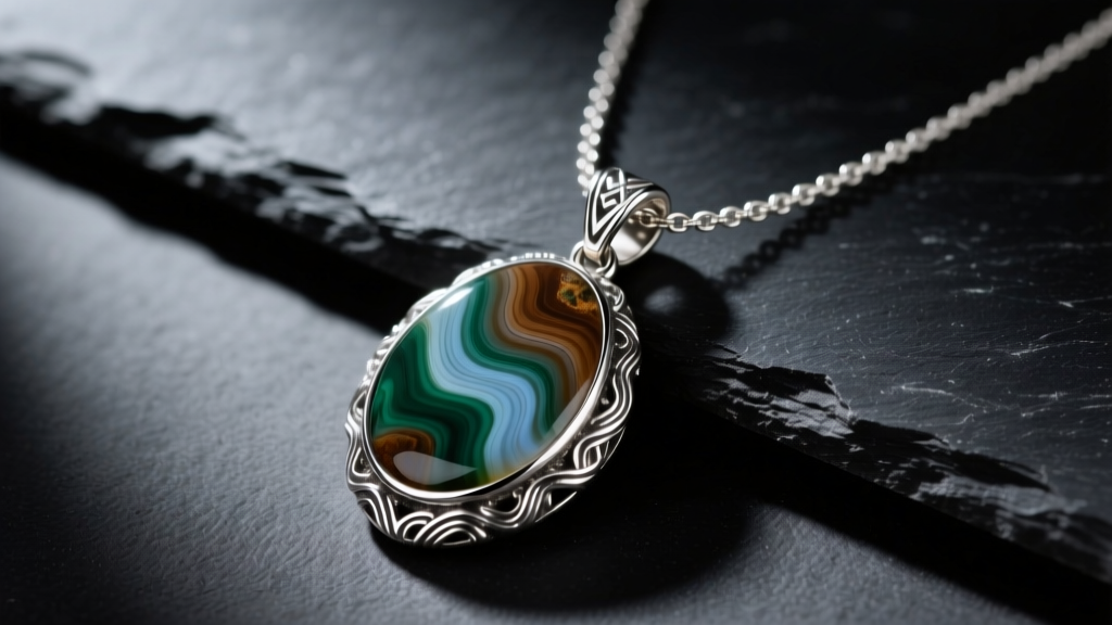 Textured sterling silver Alan Hannah necklace with Scottish agate pendant on dark slate under soft directional studio light.