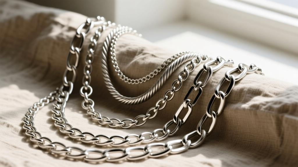 Layered 925 sterling silver chains with varying link styles on raw linen fabric, illuminated by bright natural window light.