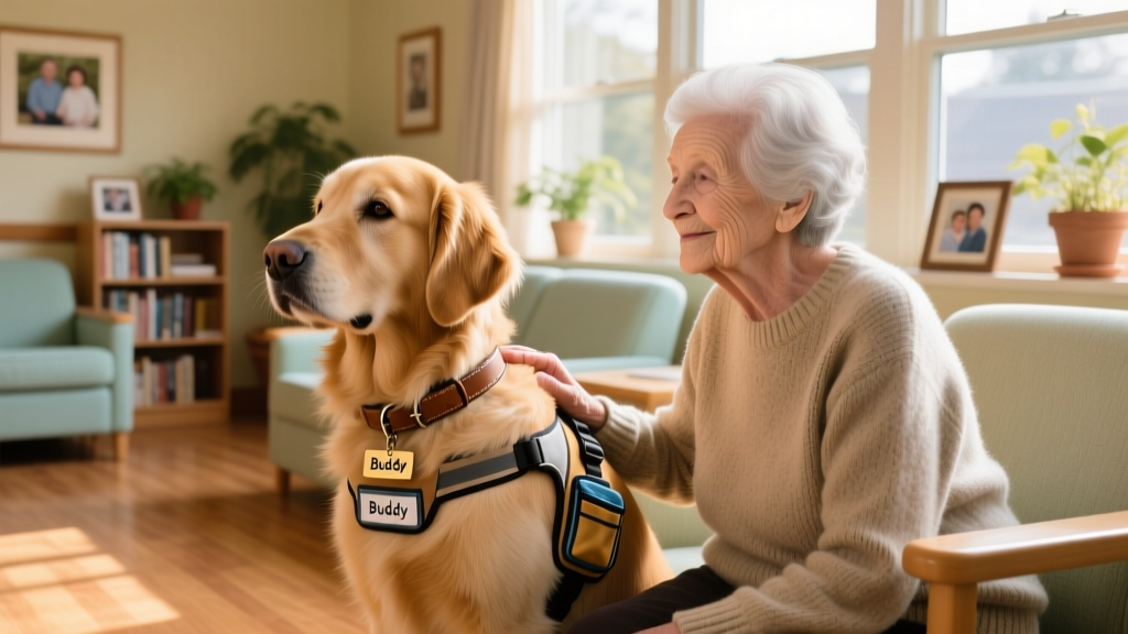A calm, well-groomed therapy dog sitting beside an elderly person in a nursing home lounge