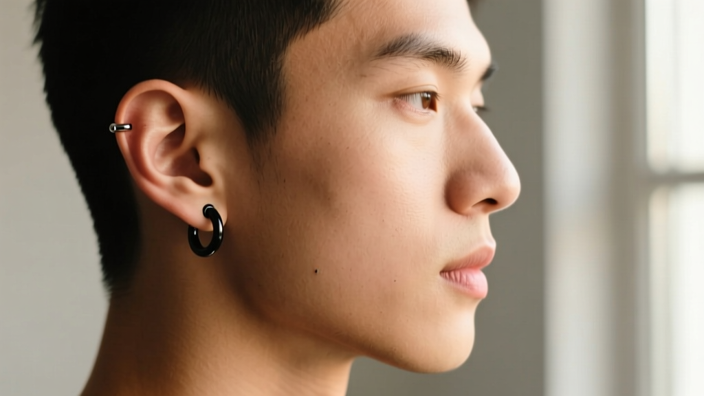 Side profile of person wearing 16-gauge black niobium horseshoe barbell in healed daith piercing under soft natural window light.