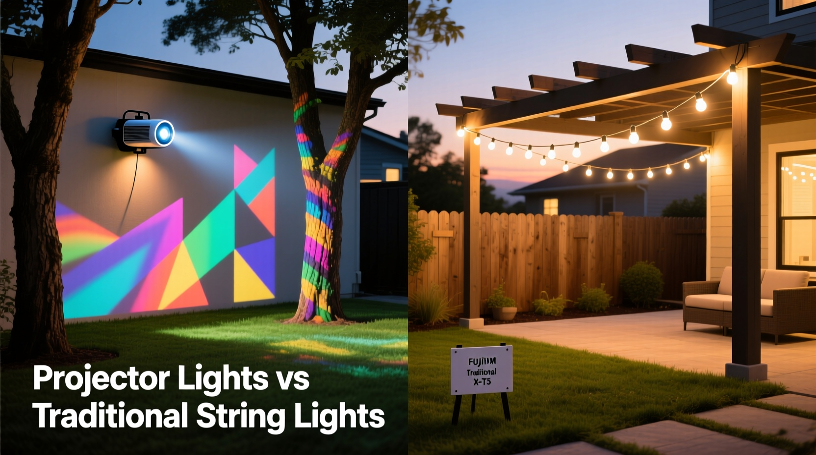 projector lights vs traditional string lights which lights up your yard easier