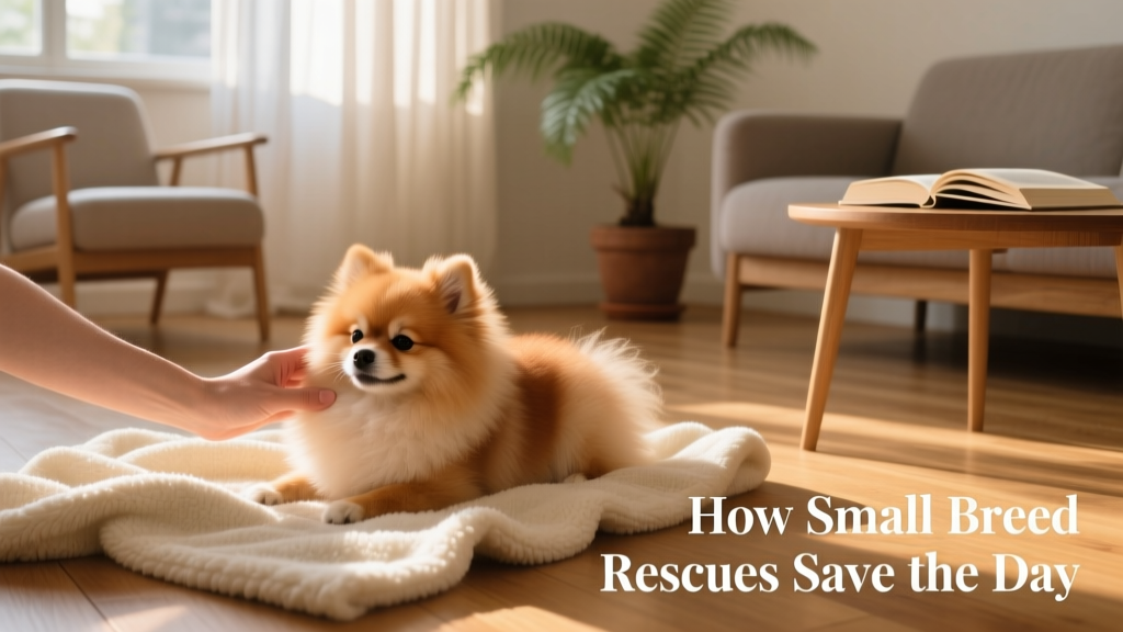 A gentle hand petting a small, calm dog resting on a cozy blanket in a quiet living room