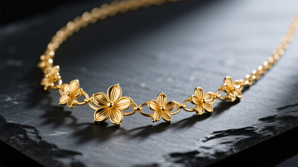 Close-up of a delicate 14k gold flower chain necklace resting on a dark slate surface, highlighting intricate floral link details.