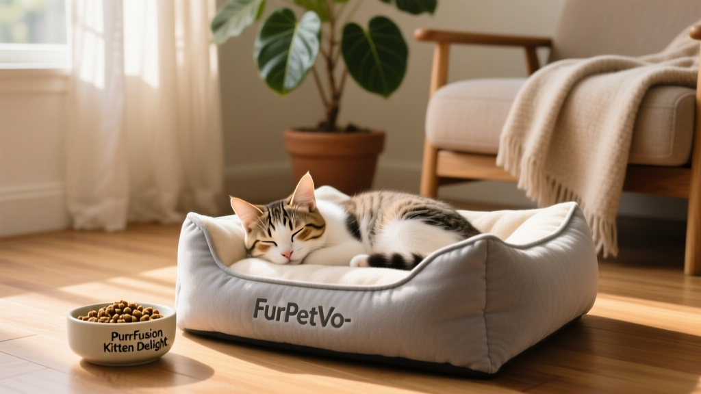 A cozy indoor setup with a kitten sleeping on a plush FurPetVo-branded cat bed beside a small bowl of premium kitten food