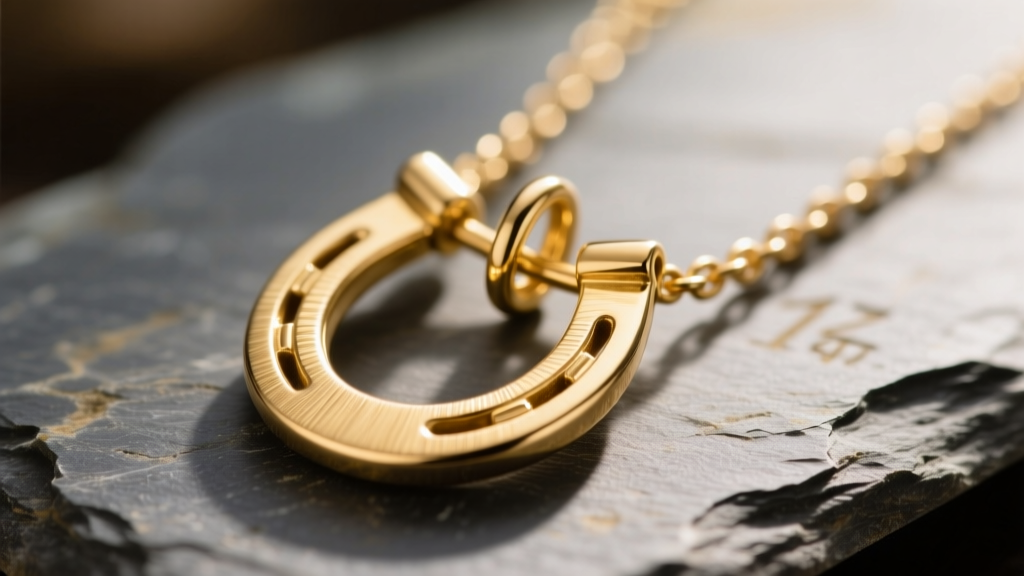 Macro view of a 14k gold horseshoe charm necklace on slate, showing the brushed texture and thick soldered bail connection point.