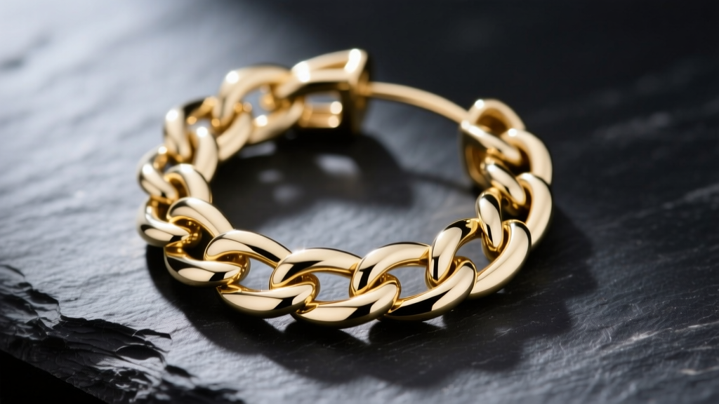 Close-up of polished 14k white gold curb link chain hoop earring on dark slate, highlighting flat interlocking metal links