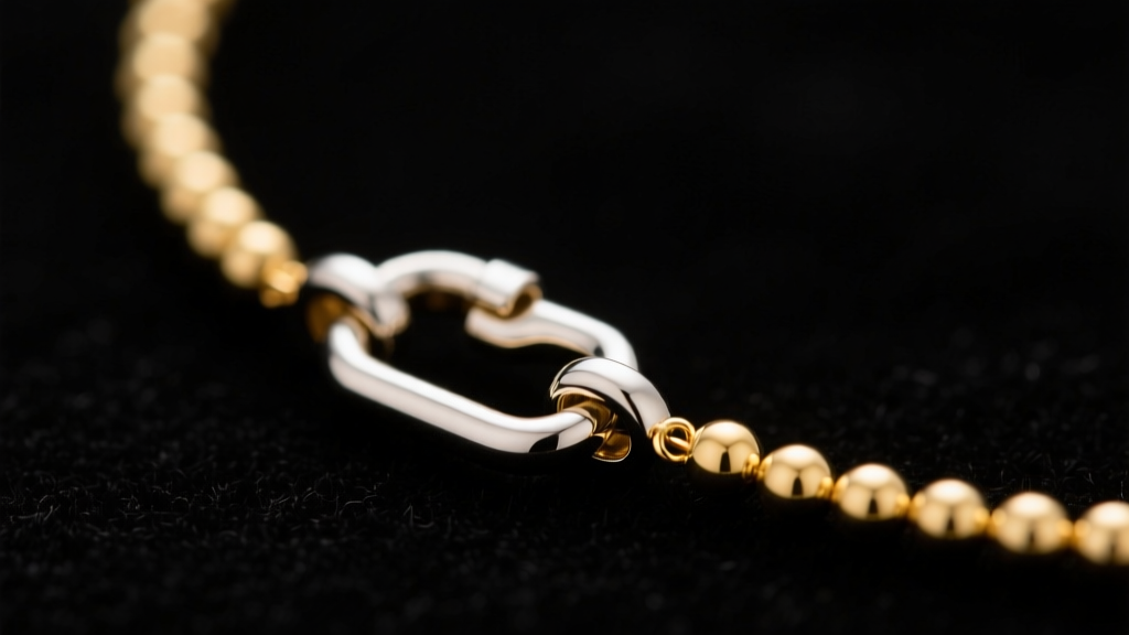 Side profile of a specialized bead clasp securely fastening a delicate 1.2mm gold bead chain necklace against a dark background.