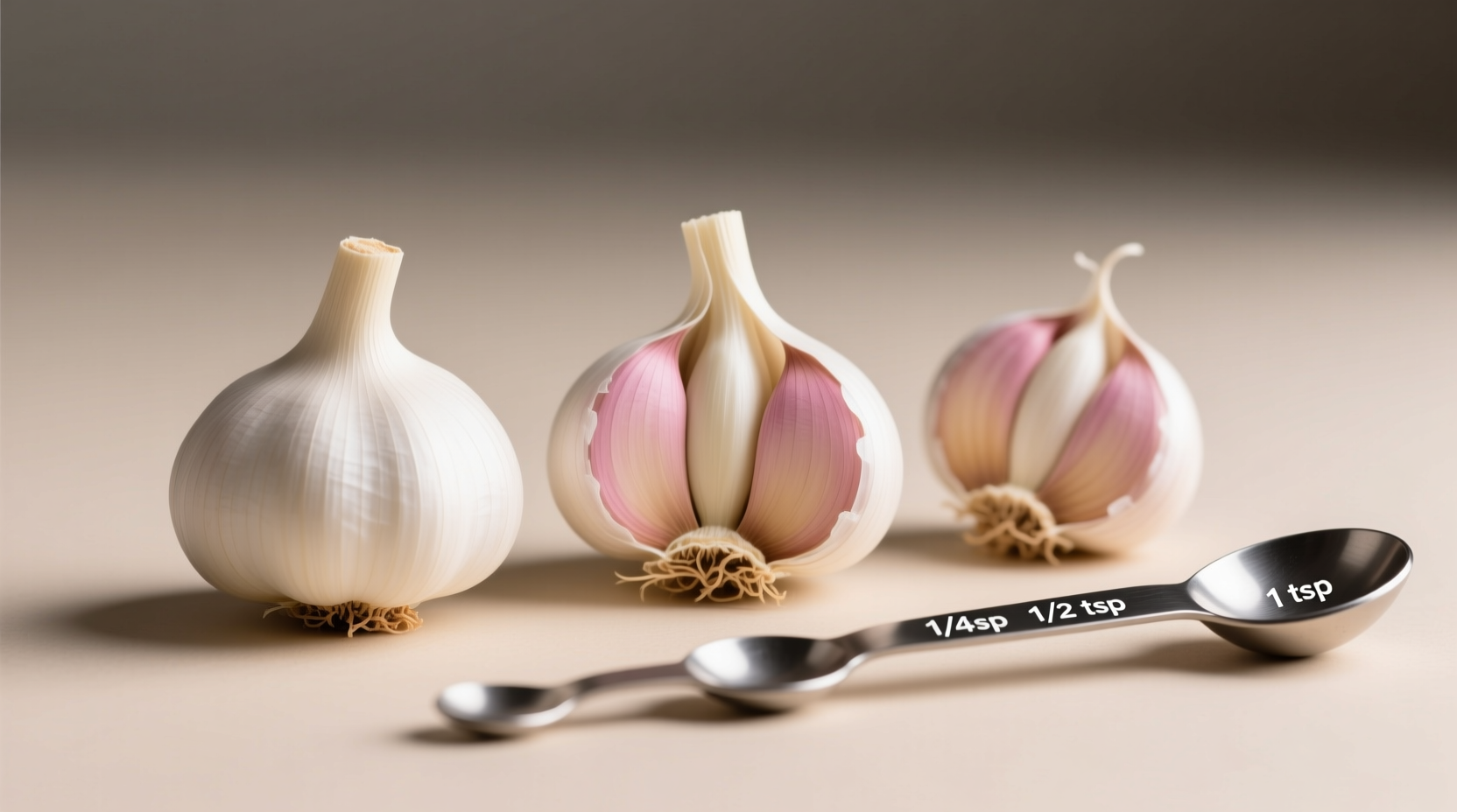 Late-harvest garlic cloves next to measuring spoons showing size variation critical for 3-clove conversions