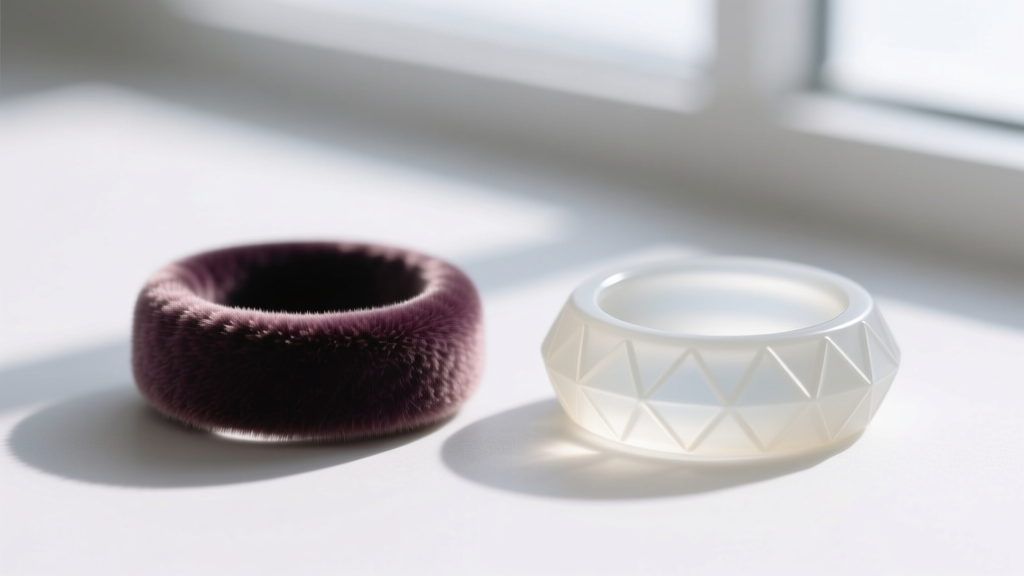 Macro shot comparing velvet and silicone jewelry box ring inserts, highlighting texture differences and secure ring grip