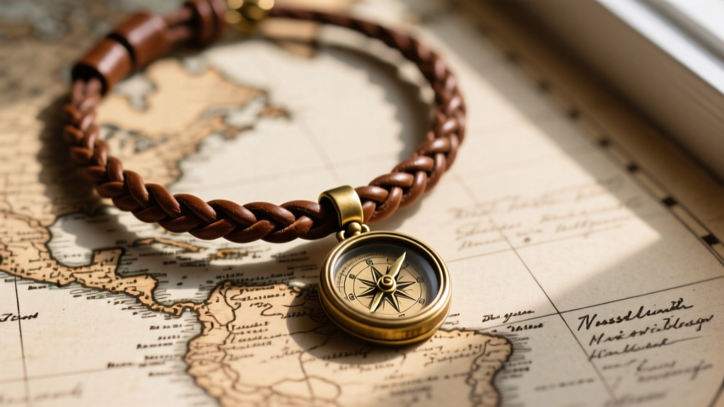 Close-up of a rugged braided brown leather cord necklace with a vintage brass compass pendant resting on a worn canvas map.