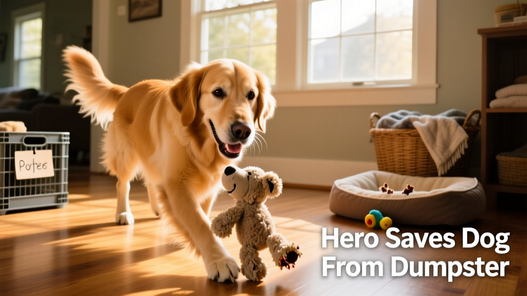 Happy, healthy dog playing with a soft toy in a sunlit foster home