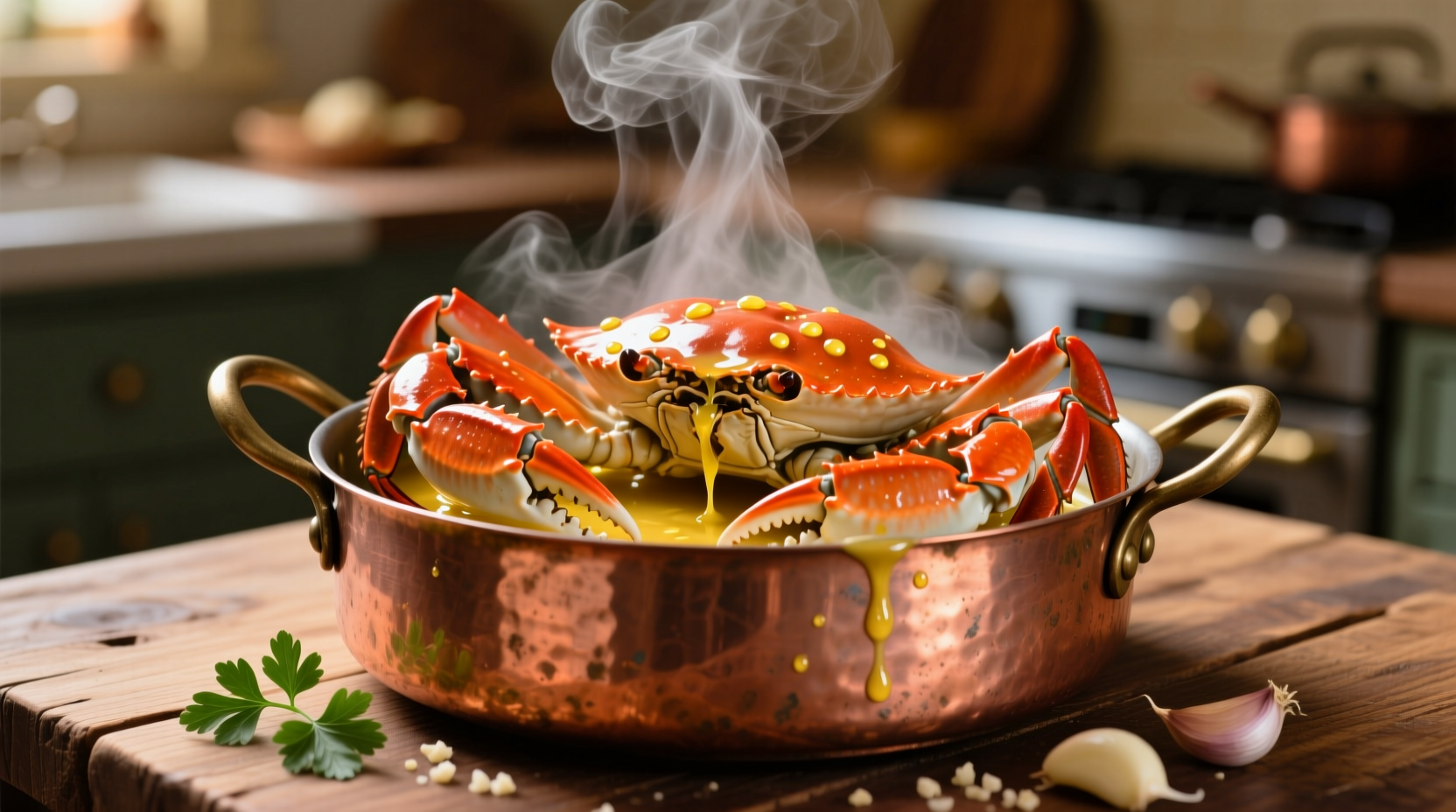 Steaming crab legs with garlic butter sauce in copper pot